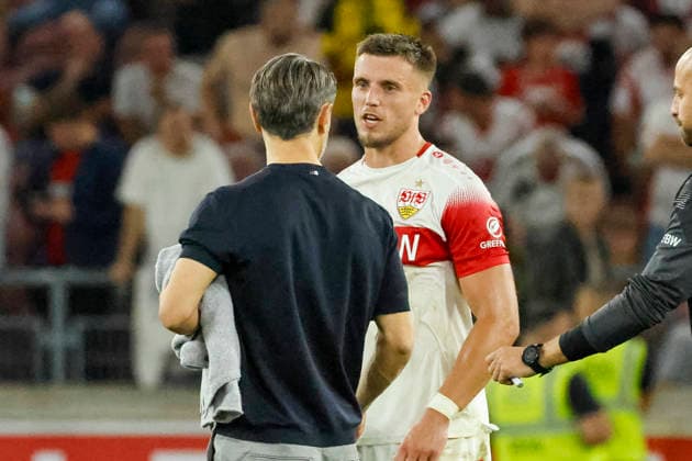 Niko Kovac, BVB Dortmund, Coach, and Ermedin Demirovic, VfB Stuttgart, September 9, after the game, Germany, soccer, Bundesliga 1, Matchday 4, 2026–2027, VfB Stuttgart vs. Borussia Dortmund, September 19, 2026, Stuttgart MHP Arena, Germany Copyright: xGrantxHubbsx