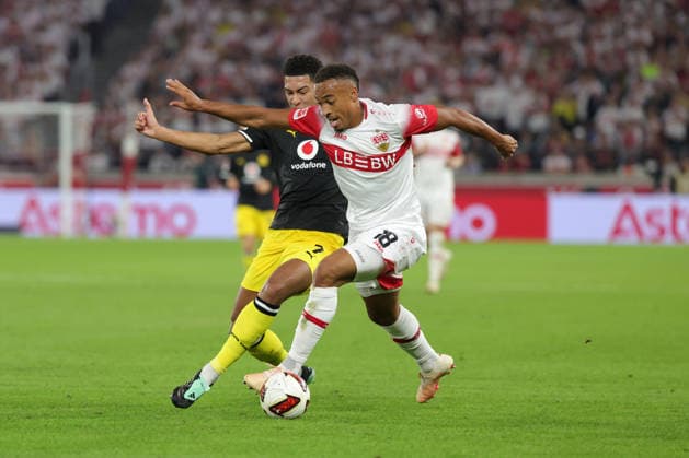 September 19, 2026, Germany, Stuttgart, Bundesliga, VfB Stuttgart vs. Borussia Dortmund, Jobe Bellingham (Dortmund), Jamie Leweling (VfB)