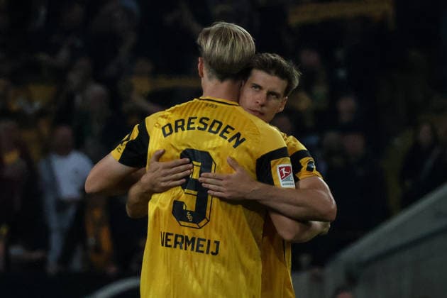 Germany 2. Bundesliga 2026–2027, Matchday 7, Dynamo Dresden vs. Hertha BSC, Rudolf Harbig Stadium, Dresden: Vincent Vermeij (Dynamo Dresden, No. 9) and Alexander Rossipal (Dynamo Dresden, No. 19) – cutouts Copyright: xLucasxWalterx