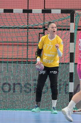Sara Suba of TusSies Metzingen, No. 77 in goal, celebrates after making a save. TusSies Metzingen vs. Thueringer HC, Handball, Alsco HBF, Matchday 4, 2026–2027 Season, September 19, 2026: TusSies Metzingen vs. Thueringer HC, Handball, Alsco HBF, Matchday 4, 2026–2027 Season, September 19, 2026, Tübingen Copyright: xEibner-Pressefotox EP_TBR