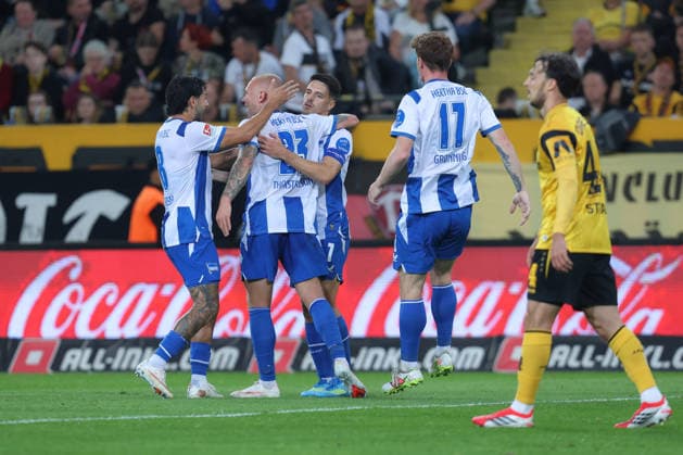 September 19, 2026, xtgx, Soccer, 2. Bundesliga, SG Dynamo Dresden vs. Hertha BSC Berlin, from left: Jon Dagur Thorsteinsson (Hertha), 24, celebrating, Goal celebration, celebrating the goal, DFL and DFB regulations prohibit any use of photographs as image sequences and or quasi-video. Dresden