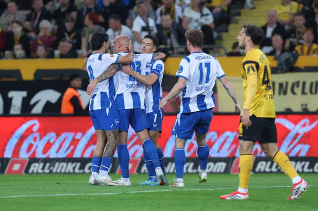 September 19, 2026, xtgx, Soccer, 2. Bundesliga, SG Dynamo Dresden vs. Hertha BSC Berlin, from left: Jon Dagur Thorsteinsson (Hertha), 24, celebrating, Goal celebration, celebrating the goal, DFL and DFB regulations prohibit any use of photographs as image sequences and or quasi-video. Dresden