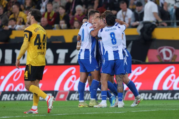 September 19, 2026, xtgx, Soccer, 2. Bundesliga, SG Dynamo Dresden vs. Hertha BSC Berlin, from left: Jon Dagur Thorsteinsson (Hertha), 24, celebrating, Goal celebration, celebrating the goal, DFL and DFB regulations prohibit any use of photographs as image sequences and or quasi-video. Dresden