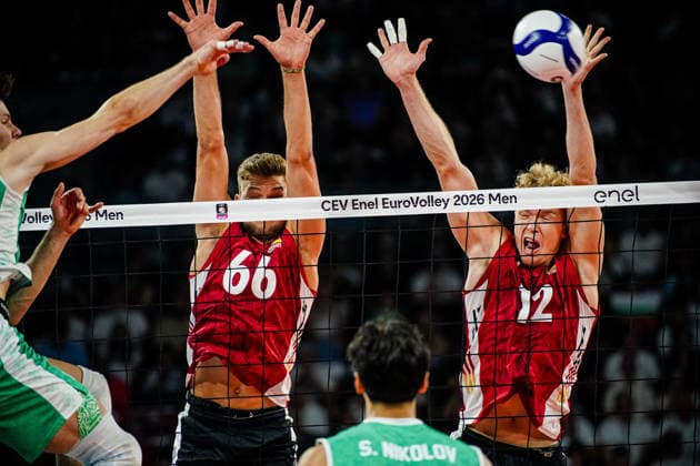 Volleyball - CEV EuroVolley 2026, Play Offs - 1 8-finals - Germany vs Bulgaria - 09.19.2026 SOFIA, BULGARIA - September 19th: Erik Rohrs, 66 of Germany and Anton Brehme, 12 of Germany during CEV EuroVolley 2026, Play Offs - 1 8-finals match between Germany vs Bulgaria at Arena 8888 in Sofia, Bulgaria, on September 19th, 2026 in Sofia, Bulgaria. Copyright: xYulianxTodorovx