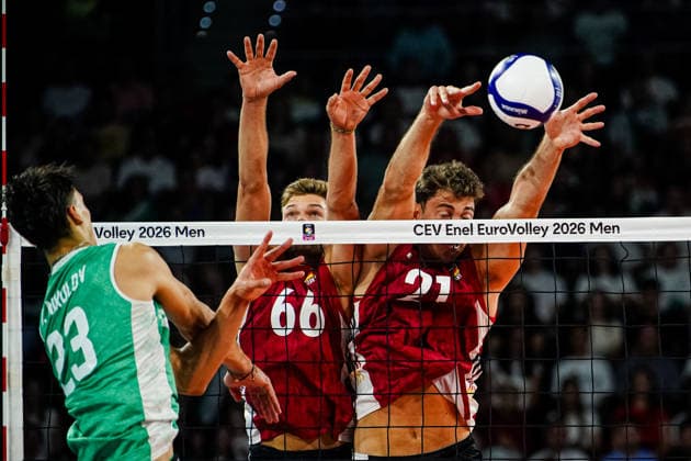 Volleyball - CEV EuroVolley 2026, Play Offs - 1 8-finals - Germany vs Bulgaria - 09.19.2026 SOFIA, BULGARIA - September 19th: Erik Rohrs, 66 of Germany and Tobias Krick, 21 of Germany during CEV EuroVolley 2026, Play Offs - 1 8-finals match between Germany vs Bulgaria at Arena 8888 in Sofia, Bulgaria, on September 19th, 2026 in Sofia, Bulgaria. Copyright: xYulianxTodorovx