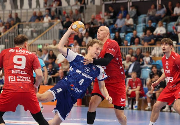 GER HBL2 2026–2027 Season: VfL Potsdam vs. EULEN Ludwigshafen, September 19, 2026, MBS Arena, Potsdam; Marc Robin EISEL (Eulen Ludwigshafen) 9, William REICHARDT (VfL Potsdam) 4, Lars RÖLLER (Eulen Ludwigshafen) 23