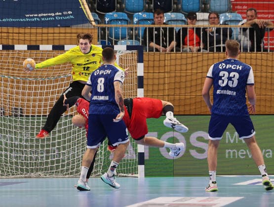 GER HBL2 2026–2027 Season: VfL Potsdam vs. EULEN Ludwigshafen, September 19, 2026, MBS Arena, Potsdam Maximilian GRUNDMANN 1 VfL Potsdam 12 saves against Lars RÖLLER Eulen Ludwigshafen 23, Davide BULZAMINI 1 VfL Potsdam 8, Tim Niclas SCHRÖDER 1 VfL Potsdam 33