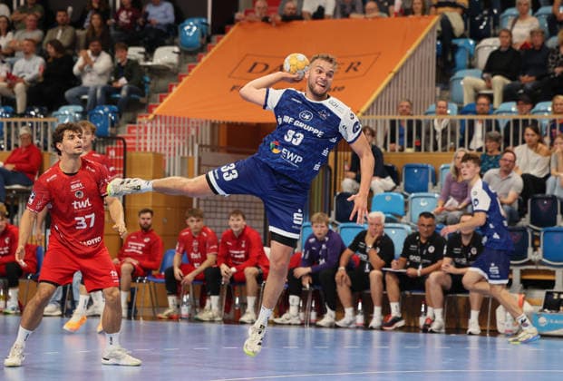 GER HBL2 2026–2027 Season: VfL Potsdam vs. EULEN Ludwigshafen, September 19, 2026, MBS Arena, Potsdam Finn LEUN (EULEN Ludwigshafen) 37, Tim Niclas SCHRÖDER (1) (VfL Potsdam) 33