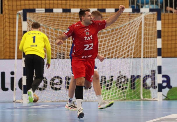 GER HBL2 2026–2027 Season: VfL Potsdam vs. EULEN Ludwigshafen, September 19, 2026, MBS Arena, Potsdam—Kian SCHWARZER of EULEN Ludwigshafen, No. 22, celebrates after scoring a goal—fist pump, emotion