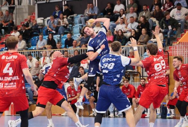 GER HBL2 2026–2027 Season: VfL Potsdam vs. EULEN Ludwigshafen, September 19, 2026, MBS Arena, Potsdam: Nicolas WALDVOGEL (Eulen Ludwigshafen) 4, Finn LEUN (Eulen Ludwigshafen) 37, Nicolas PAULNSTEINER 1, VfL Potsdam 7; Tim Niclas SCHRÖDER 1, VfL Potsdam 33; Monty KLEINSTEUBER, Eulen Ludwigshafen 99