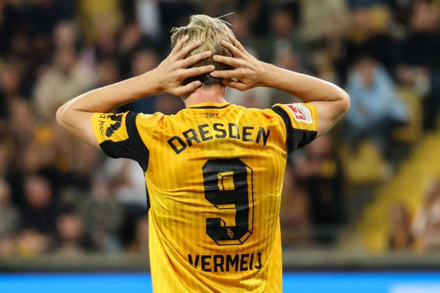 Germany, 2. Bundesliga 2026–2027, Matchday 7, Dynamo Dresden vs. Hertha BSC, Rudolf Harbig Stadium, Dresden; Vincent Vermeij (Dynamo Dresden), 9th goal scorer, after a missed golden opportunity Copyright: xLucasxWalterx