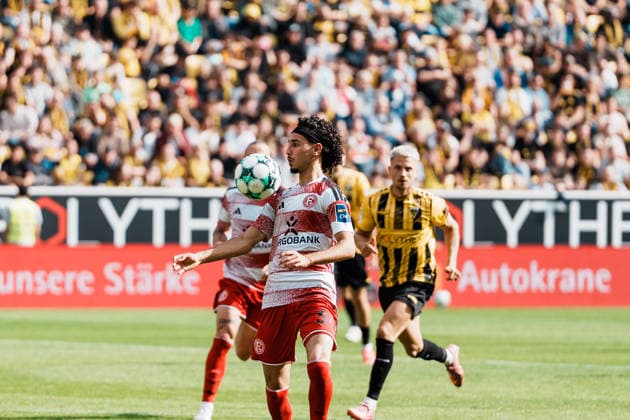 German Soccer 3rd Division 2026–2027, Matchday 7: Alemannia Aachen vs. Fortuna Düsseldorf at Tivoli Aachen; Anas Slimani (Fortuna Düsseldorf), 34: dribbling, possession, on the ball, build-up play, awareness, scoring chance Copyright: xThiemoxRudolphx