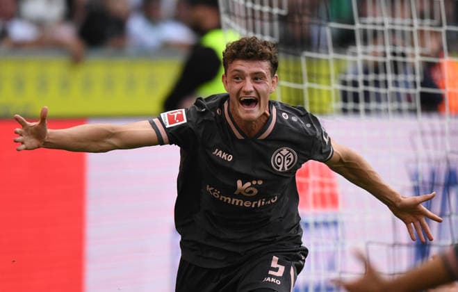 September 19, 2026, xophax, Soccer, Bundesliga 1, DFL, Borussia Mönchengladbach vs. 1. FSV Mainz 05, Eric Martel, Mainz 05 scores the 3–2 goal for Mainz. DFL, DFB regulations prohibit any use of photographs as image sequences and or quasi VIDEO Mönchengladbach