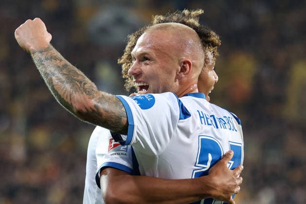 Germany 2. Bundesliga 2026–2027, Matchday 7, Dynamo Dresden vs. Hertha BSC, Rudolf Harbig Stadium, Dresden: Goal and celebration following the supposed 1–2 by Oluwaseun Adewumi (Hertha BSC, No. 19) and Jon Dagur Øorsteinsson (Hertha BSC, No. 23) Copyright: xLucasxWalterx