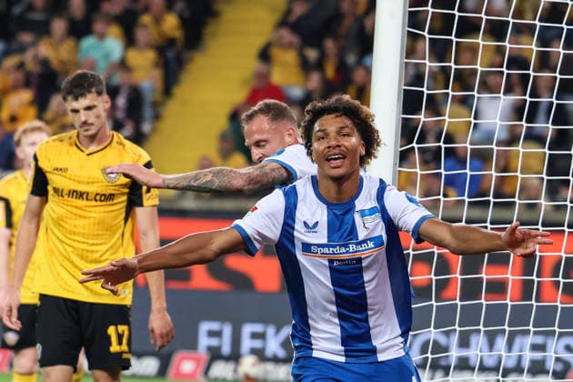 Germany, 2. Bundesliga 2026–2027, Matchday 7, Dynamo Dresden vs. Hertha BSC, Rudolf Harbig Stadium, Dresden: Goal and celebration following the supposed 1–2 by Oluwaseun Adewumi of Hertha BSC, 19 Copyright: xLucasxWalterx