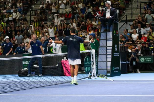 RECORD DATE NOT STATED Copa Davis - Orlando Luz and Rafael Matos (Brazil) vs. Jakub Paul and Dominic Stricker (Switzerland) Rio de Janeiro (RJ) 19 09 2026- Davis Cup Brazil Switzerland Tennis - Players and members of the Brazilian team celebrate the victory over Switzerland and qualification for the elite of the Davis Cup in 2027, this Saturday (19), at the Farmasi Arena, in Rio de Janeiro.(Foto: Lucas Simonin Gomes Thenews2 imago images) SPO  Copyright: xLucasxSimoninxGomesx