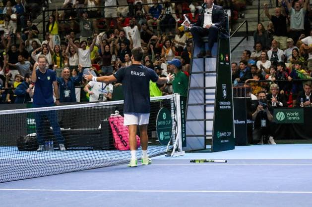 RECORD DATE NOT STATED Copa Davis - Orlando Luz and Rafael Matos (Brazil) vs. Jakub Paul and Dominic Stricker (Switzerland) Rio de Janeiro (RJ) 19 09 2026- Davis Cup Brazil Switzerland Tennis - Players and members of the Brazilian team celebrate the victory over Switzerland and qualification for the elite of the Davis Cup in 2027, this Saturday (19), at the Farmasi Arena, in Rio de Janeiro.(Foto: Lucas Simonin Gomes Thenews2 imago images) SPO  Copyright: xLucasxSimoninxGomesx