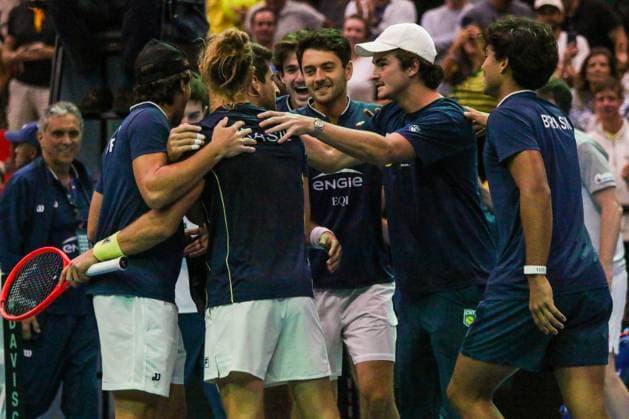 RECORD DATE NOT STATED Copa Davis - Orlando Luz and Rafael Matos (Brazil) vs. Jakub Paul and Dominic Stricker (Switzerland) Rio de Janeiro (RJ) 19 09 2026- Davis Cup Brazil Switzerland Tennis - Players and members of the Brazilian team celebrate the victory over Switzerland and qualification for the elite of the Davis Cup in 2027, this Saturday (19), at the Farmasi Arena, in Rio de Janeiro.(Foto: Lucas Simonin Gomes Thenews2 imago images) SPO  Copyright: xLucasxSimoninxGomesx