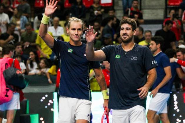 RECORD DATE NOT STATED Copa Davis - Orlando Luz and Rafael Matos (Brazil) vs. Jakub Paul and Dominic Stricker (Switzerland) Rio de Janeiro (RJ) 19 09 2026- Davis Cup Brazil Switzerland Tennis - Players and members of the Brazilian team celebrate the victory over Switzerland and qualification for the elite of the Davis Cup in 2027, this Saturday (19), at the Farmasi Arena, in Rio de Janeiro.(Foto: Lucas Simonin Gomes Thenews2 imago images) SPO  Copyright: xLucasxSimoninxGomesx