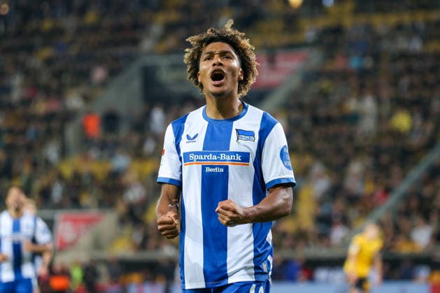 September 19, 2026, xtgx, Soccer, 2. Bundesliga, Dynamo Dresden vs. Hertha BSC Berlin, Oluwaseun Adewumi (Hertha), 19, cheering, Goal celebration, celebrating the goal, DFL and DFB regulations prohibit any use of photographs as image sequences and or quasi-video. Dresden