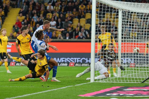 September 19, 2026, xtgx, Soccer, 2. Bundesliga: Dynamo Dresden vs. Hertha BSC Berlin. The goal that made it 1–2 was scored by Oluwaseun Adewumi (Hertha), 19 but is disallowed for a handball. DFL and DFB regulations prohibit any use of photographs as image sequences and or quasi-video. Dresden