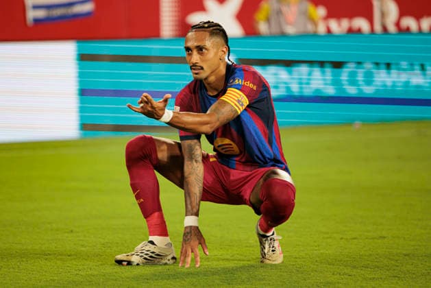 Raphinha seen celebrating after scoring goal during LaLiga 2026 2027 game between teams of Sevilla FC and FC Barcelona, Barca (Maciej Rogowski Ball Raw Images) Seville Estadio Ramon Sanchez Pizjuan Spain Copyright: xMaciejxRogowskix maciejrogowski_sevillafc_fcbarcelona_2627-6