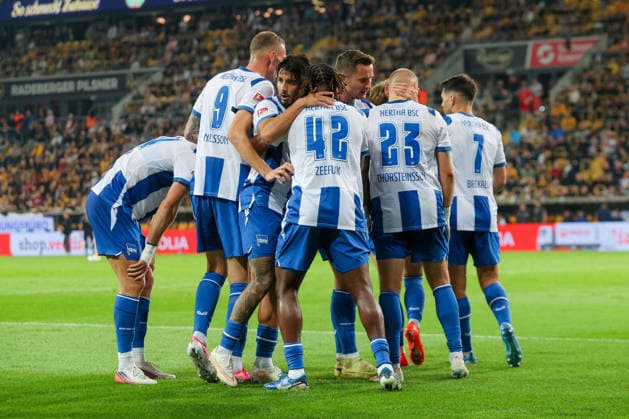 September 19, 2026, xtgx, Soccer, 2. Bundesliga, Dynamo Dresden vs. Hertha BSC Berlin, T1, 2, Cheering, Goal celebration, celebrating the goal, celebration after the 1–2 goal by Jon Dagur Thorsteinsson (Hertha), 23 DFL DFB REGULATIONS PROHIBIT ANY USE OF PHOTOGRAPHS as IMAGE SEQUENCES and or QUASI-VIDEO Dresden