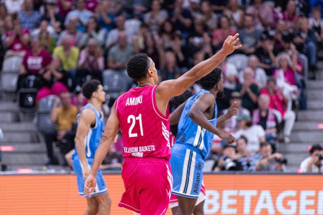 easyCredit Basketball Bundesliga, Telekom Baskets Bonn vs. Veolia Towers Hamburg, September 19, 2026: Joel Aminu of Telekom Baskets Bonn 21 celebrates a successful three-pointer. easyCredit Basketball Bundesliga, Telekom Baskets Bonn vs. Veolia Towers Hamburg, September 19, 2026, Telekom Dome Bonn Copyright: xBEAUTIFULxSPORTS Derixx