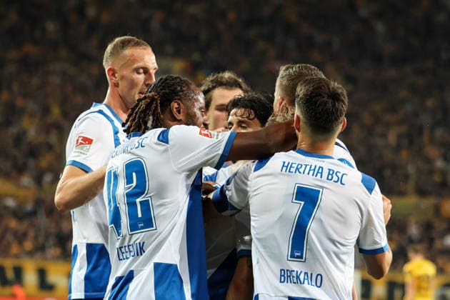 Germany, 2. Bundesliga 2026–2027, Matchday 7, Dynamo Dresden vs. Hertha BSC, Rudolf Harbig Stadium, Dresden: Goal and celebration following the 1–2 score by Jon Dagur Thorsteinsson of Hertha BSC, 23 Copyright: xLucasxWalterx