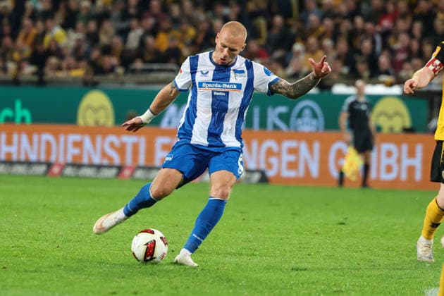 Germany 2. Bundesliga 2026–2027, Matchday 7, Dynamo Dresden vs. Hertha BSC, Rudolf Harbig Stadium, Dresden; goal to make it 1–2 by Jon Dagur Thorsteinsson of Hertha BSC, 23 Copyright: xLucasxWalterx