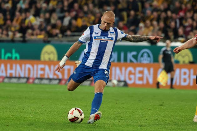 Germany 2. Bundesliga 2026–2027, Matchday 7, Dynamo Dresden vs. Hertha BSC, Rudolf Harbig Stadium, Dresden; goal to make it 1–2 by Jon Dagur Thorsteinsson of Hertha BSC, 23 Copyright: xLucasxWalterx