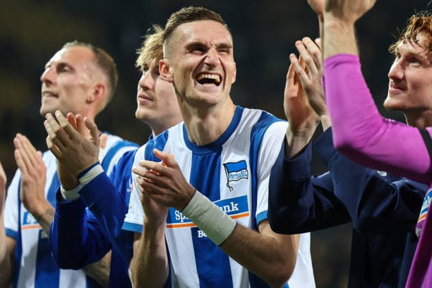 Germany, 2. Bundesliga 2026–2027, Matchday 7, Dynamo Dresden vs. Hertha BSC, Rudolf Harbig Stadium, Dresden; Celebrations following Niklas Kolbe s goal for Hertha BSC, 27 Copyright: xLucasxWalterx