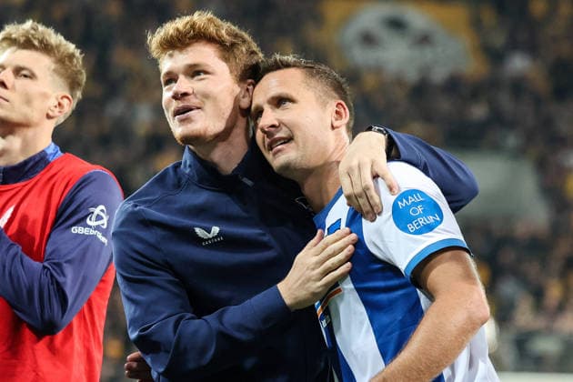 Germany, 2. Bundesliga 2026–2027, Matchday 7, Dynamo Dresden vs. Hertha BSC, Rudolf Harbig Stadium, Dresden: Celebrations following the victory by Paul Seguin (Hertha BSC, 30) and Sebastian Gronning Andersen (Hertha BSC, 17) Copyright: xLucasxWalterx