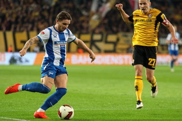 Germany 2. Bundesliga 2026–2027, Matchday 7, Dynamo Dresden vs. Hertha BSC, Rudolf Harbig Stadium, Dresden; Jon Dagur Øorsteinsson (Hertha BSC), No. 23, with the cross Copyright: xLucasxWalterx
