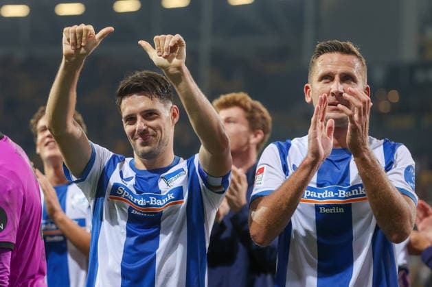 September 19, 2026, xtgx, Soccer, 2. Bundesliga, Dynamo Dresden vs. Hertha BSC Berlin: Josip Brekalo (Hertha), 7; Paul Seguin (Hertha), 30; Celebrating the victory, Celebrations after the final whistle. DFL and DFB regulations prohibit any use of photographs as image sequences and or quasi-video. Dresden