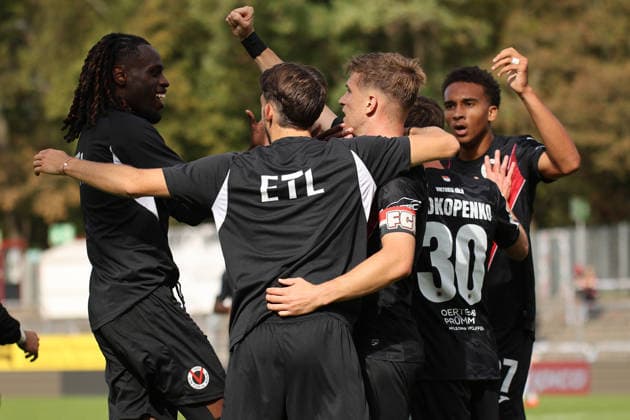 September 19, 2026, xsefx, Soccer, FC Viktoria Köln vs. FC Ingolstadt 04, 3. Liga, Sportpark Höhenberg, Matchday 7, 2026–2027 Season: Goal celebration after the 2–0 goal by scorer David Otto (FC Viktoria Köln 10), together with Yannick Tonye (FC Viktoria Köln 07) and Noah Maboulou (FC Viktoria Köln 37). DFB regulations prohibit any use of photographs as image sequences and or quasi-video in North Rhine-Westphalia, Germany