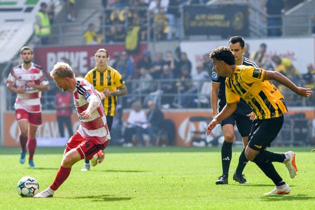 From left: Lukas Bornschein (Fortuna Düsseldorf), 4; Mehdi Loune (Alemannia Aachen), 10; tackle, duel, action, 19 September 2026, Aachen, Germany; soccer, 3. Liga, TSV Alemannia Aachen vs. Fortuna Düsseldorf, soccer, 3. Liga, TSV Alemannia Aachen vs. Fortuna Düsseldorf, DFB and DFL regulations prohibit any use of photographs as image sequences and or quasi-video xmhx