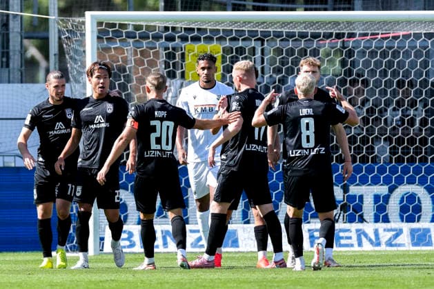 From left: Dennis Chessa (Ulm), 11; goal scorer Masaaki Takahara (Ulm), 23; Alexander Kopf (Ulm), 20, captain; Leon Müller (Ulm, 17), Per Lockl (Ulm, 8), players from SSV Ulm 1846, celebrating the goal that tied the game at 1-1, Celebration, goal celebration, scoring a goal, celebrate the goal, goal, celebration, celebrating the goal, rejoicing, joy, happy, optimistic, positive, game action, highlight, action, September 19, 2026, Sandhausen, Germany, soccer, Regionalliga Südwest, SV Sandhausen vs. SSV Ulm 1846 xozx