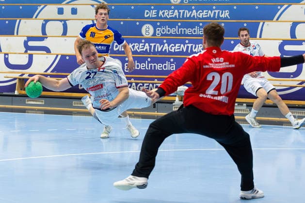 September 19, 2026, xovx, Handball, Men s Regional League, TV Hüttenberg II vs. HSG Bretzenheim Wallau Massenheim; from left: Jorik Eichhorn (TV Hüttenberg II), Jannik Göttert HSG Breckenheim Wallau Massenheim, Sebastian Schermuly HSG Breckenheim Wallau Massenheim, Moritz Schäfer TV Hüttenberg II Hüttenberg Sports Center Hesse Germany DE