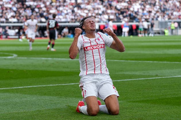 Derry Scherhant, SC Freiburg, 07 Goal celebration, Emotions, Shot on goal, Finish, Goal scored, Goal, Goal, Germany, Soccer, Bundesliga 1, Matchday 4, 2026–2027, Eintracht Frankfurt vs. SC Freiburg, September 19, 2026, Deutsche Bank Park, Frankfurt, Frankfurt, Deutsche Bank Park, Hesse, Germany Copyright: xArnexAmbergx