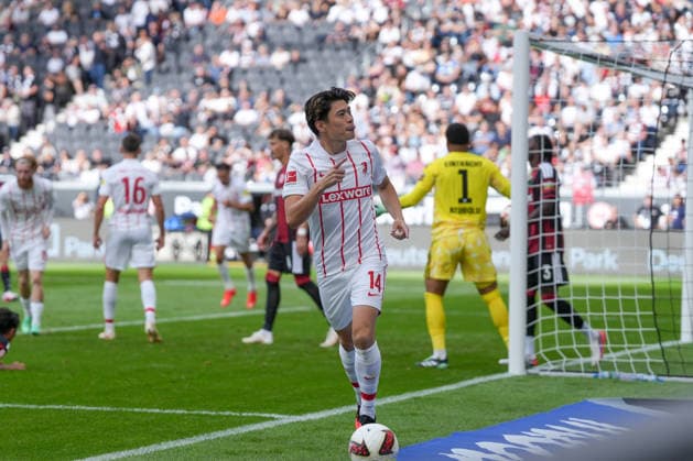 Yuito Suzuki, SC Freiburg, 14 goal celebration, emotions, shot on goal, shot, goal scored, goal, hit, Germany, soccer, Bundesliga 1, Matchday 4, 2026–2027, Eintracht Frankfurt vs. SC Freiburg, September 19, 2026, Deutsche Bank Park, Frankfurt, Frankfurt, Deutsche Bank Park, Hesse, Germany Copyright: xArnexAmbergx