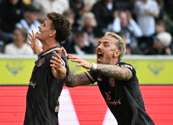 September 19, 2026, xophax, Soccer, Bundesliga 1, DFL, Bor Mönchengladbach vs. 1. FSV Mainz 05, Goal Scorer: Eric Martel, on the left, and Phillip Dietz on the right—both from Borussia Mönchengladbach. DFL and DFB regulations prohibit any use of photographs as image sequences and or quasi-video. Mönchengladbach