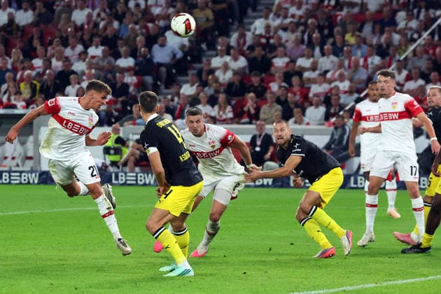 September 19, 2026 VfB Stuttgart vs. Borussia Dortmund Germany, Stuttgart, September 19, 2026, Soccer, Bundesliga, 2026–2027 season, VfB Stuttgart vs. Borussia Dortmund: L Grischa Prömel (VfB Stuttgart), Nico Schlotterbeck (Borussia Dortmund), Ermedin Demirovic (VfB Stuttgart), Waldemar Anton (Borussia Dortmund)
