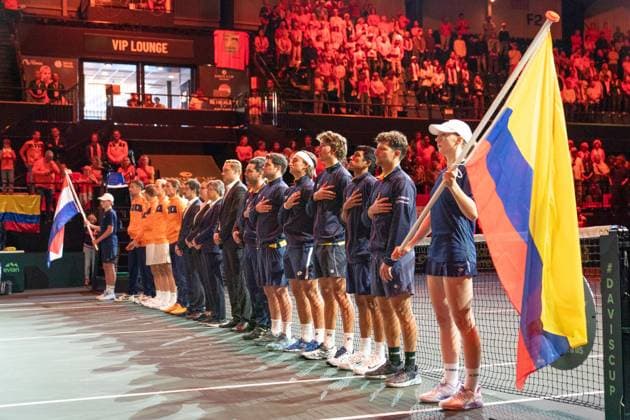 2026-09-19 - Davis Cup 2026 DEN BOSCH, NETHERLANDS - SEPTEMBER 19: Jesper de Jong, Alejandro Falla, Johan Rodriguez, Paul Haarhuis, Nicolas Mejia, Nicolas Barrientos, Botic van de Zandschulp, Samuel Heredia, Miguel Tobon, Tallon Griekspoor, David Pel during the Davis Cup 2026 match between Netherlands and Columbia at the Maaspoort on September 19, 2026 in Den Bosch, Netherlands Den Bosch Maaspoort Netherlands Content not available for redistribution in The Netherlands directly or indirectly through any third parties. Copyright: xMarleenxFouchierx
