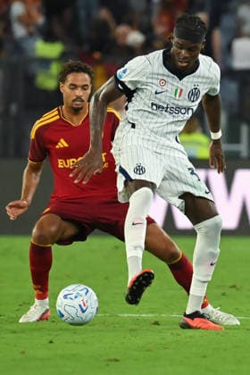 Soccer, Serie A match , Roma v Inter Devyne Rensch of Roma,Yann Aurel Bisseck of Inter during the Serie A match between Roma v Inter at Olympic stadium. Rome (Italy), September 19h, 2026 Imago-Images Emmefoto Copyright: xImago-Images Emmefotox