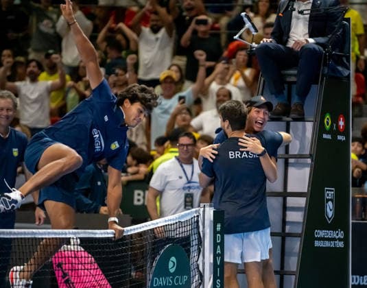 September 19, 2026, Rio De Janeiro, Rio De Janeiro, Brazil: Members of the Brazilian team celebrate after defeating Switzerland in their 2026 Davis Cup World Group I tie at Farmasi Arena in Rio de Janeiro, Brazil. Brazil secured the tie with a 3-0 lead to advance to the 2027 Davis Cup Qualifiers. Rio De Janeiro Brazil - ZUMAa293 20260919_zsp_a293_006 Copyright: xRicardoxAmaralx