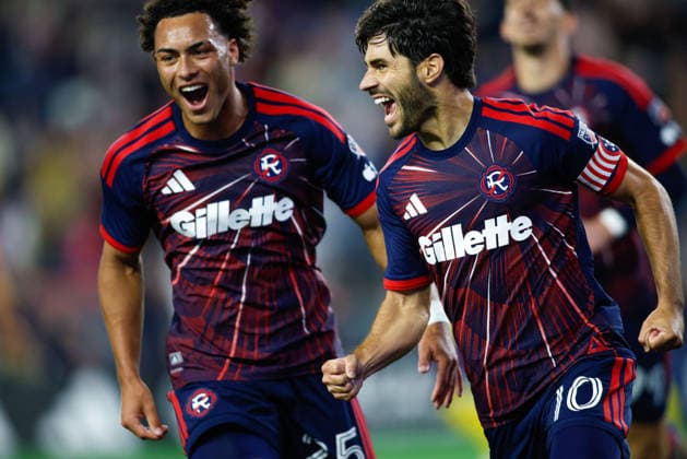 September 19, 2026; Foxborough, Massachusetts, USA; New England Revolution midfielder Carles Gil (10) celebrates a goal with New England Revolution defender Peyton Miller (25) in a Major League Soccer game against Orlando City SC at Gillette Stadium. (c) CSM - ZUMAc04_ 20260919_zma_c04_285 Copyright: xBurtxGranofskyx