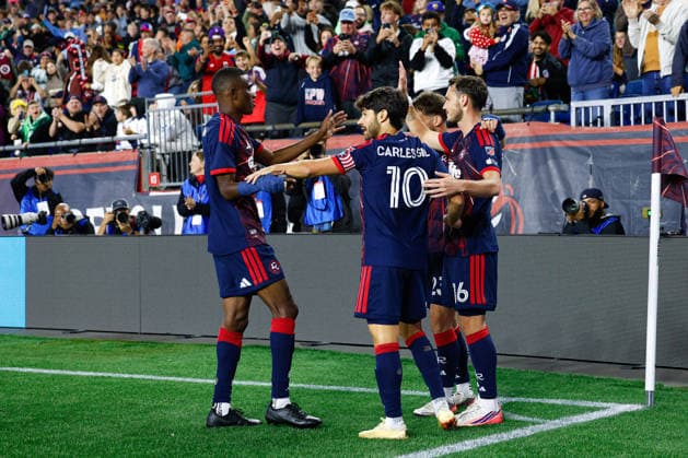 September 19, 2026; Foxborough, Massachusetts, USA; New England Revolution midfielder Carles Gil (10) celebrates a goal with teammates in a Major League Soccer game against Orlando City SC at Gillette Stadium. (c) CSM - ZUMAc04_ 20260919_zma_c04_296 Copyright: xBurtxGranofskyx