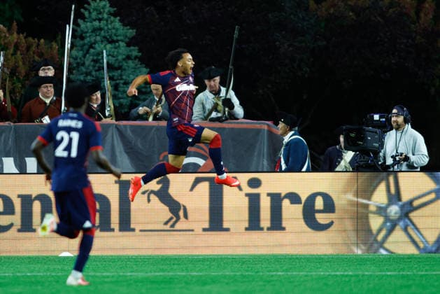 September 19, 2026; Foxborough, Massachusetts, USA; New England Revolution defender Peyton Miller (25) jumps for joy after scoring a goal in a Major League Soccer game against Orlando City SC at Gillette Stadium. (c) CSM - ZUMAc04_ 20260919_zma_c04_297 Copyright: xBurtxGranofskyx