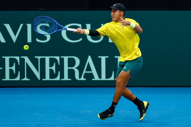 TENNIS DAVIS CUP AUSTRALIA POLAND, Rinky Hijikata of Australia plays a forehand during a Doubles match against Jan Zielinski and Karol Drzewiecki of Poland during the Davis Cup match between Australia and Poland at Pat Rafter Arena in Brisbane, Sunday, September 20, 2026. ( NO ARCHIVING, EDITORIAL USE ONLY  Copyright: xRUSSELLxFREEMANx 20260920188408193787